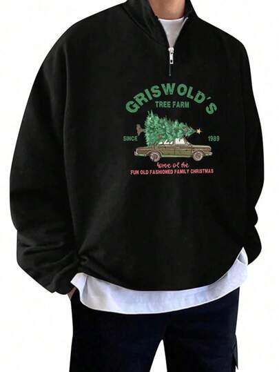 Sudadera holgada casual con media cremallera, estampado de letras y manga larga para hombres de talla grande, otoño/invierno