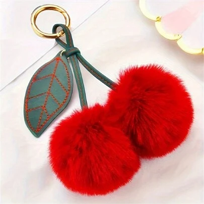 1 Piece Adorable Plush Cherry Keychain - Women Furry Pom Pom Bag Keychain, Backpack Charm, Car Key Holder Valentines Car Accessories Bag Charm School Cute Goth Y2k Christmas Gift Ideas Bag Accessories Lanyards With Id Holder Car Accessories Bag Charms Car Accessories Teacher Friend Sister