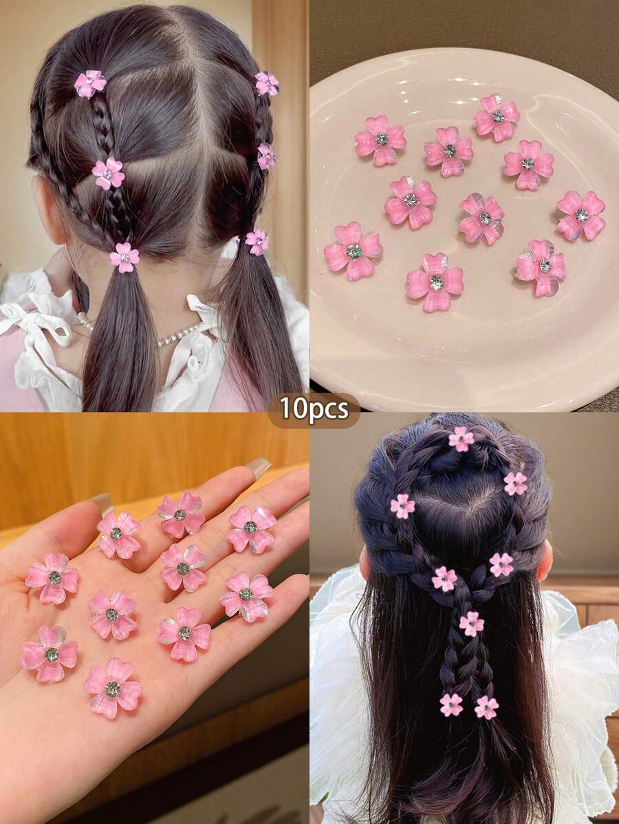 10pcs Pink Flower Hair Clips, Hair Accessories For Sweet Style - Pink - View 1