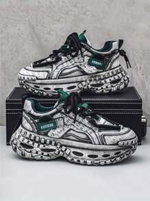 Men's Autumn/Winter Niche Anti-Slip Wear-Resistant Comfortable Versatile Chunky Sole Elevator Grey, Black-Red, Black-Green Chunky Sneakers - Black Green - View 1