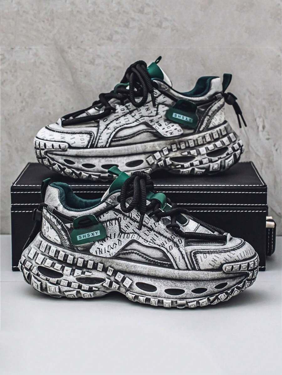 Men's Autumn/Winter Niche Anti-Slip Wear-Resistant Comfortable Versatile Chunky Sole Elevator Grey, Black-Red, Black-Green Chunky Sneakers - Black Green - View 1