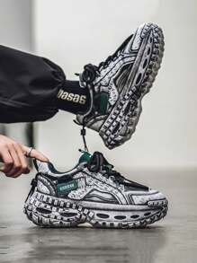 Men's Autumn/Winter Niche Anti-Slip Wear-Resistant Comfortable Versatile Chunky Sole Elevator Grey, Black-Red, Black-Green Chunky Sneakers - Black Green - View 3