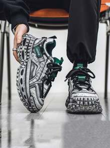 Men's Autumn/Winter Niche Anti-Slip Wear-Resistant Comfortable Versatile Chunky Sole Elevator Grey, Black-Red, Black-Green Chunky Sneakers - Black Green - View 5