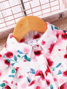 Young Girl Floral Print Long Sleeve Lapel Mesh Dress With Woven Waistband - Red - View 3