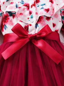 Young Girl Floral Print Long Sleeve Lapel Mesh Dress With Woven Waistband - Red - View 7