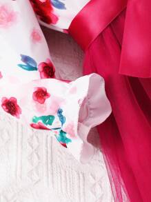 Young Girl Floral Print Long Sleeve Lapel Mesh Dress With Woven Waistband - Red - View 4