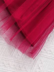 Young Girl Floral Print Long Sleeve Lapel Mesh Dress With Woven Waistband - Red - View 8