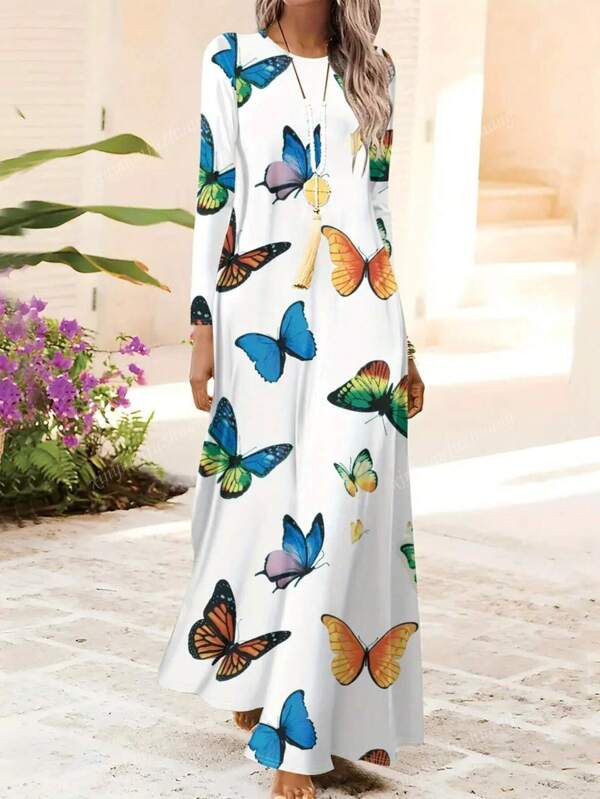 Vestido midi feminino com estampa de borboleta e gola redonda e manga comprida, design simples