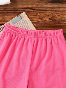 年轻女孩雏菊印花圆领短袖 T 恤和裤子休闲套装 - 白色 - 查看 5