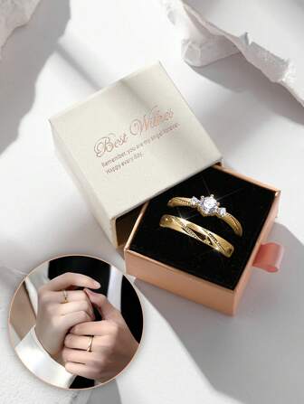 2pcs/Set Couple Rings, Luxury Minimalist Shiny Cubic Zirconia Open Ring, Suitable For Engagement, Wedding, Valentine's Day Gift For Couples