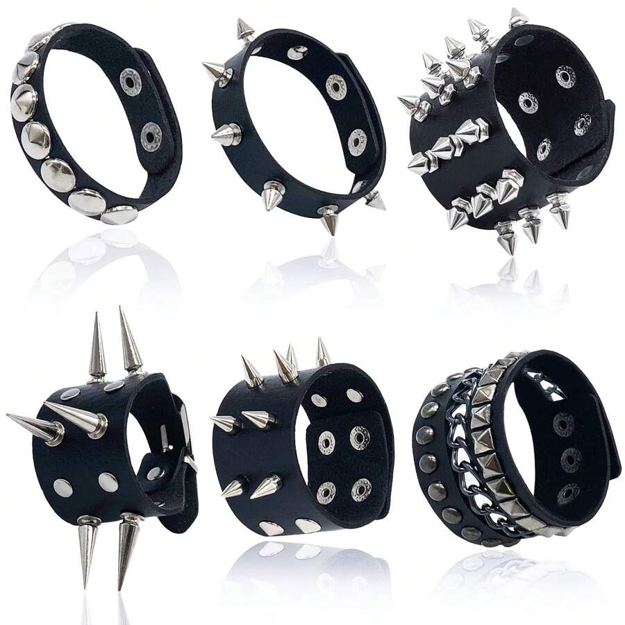 Xiacheng 1/3/6pcs Punk Rivet Bracelet, Gothic Rivet Spiked Leather Bracelet, Adjustable Metal Wristband, Gothic Accessories For Men & Women, Halloween - Black - View 1