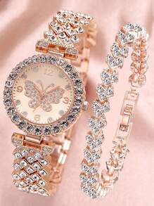 2pcs/Set Women's Rose Gold Stainless Steel Rhinestone Decorated Butterfly & Round Shaped Dial Quartz Watch And Alloy Bracelet, Suitable For Daily Wear Holiday