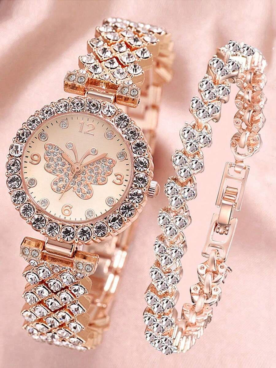 2pcs/Set Women's Rose Gold Stainless Steel Rhinestone Decorated Butterfly & Round Shaped Dial Quartz Watch And Alloy Bracelet, Suitable For Daily Wear Holiday