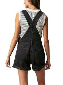 Women Denim Bib Overalls Adjustable Straps Pocket Romper Shorts Casual Rolled Cuff Shortalls