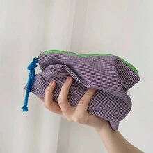 Bolsa de maquillaje a cuadros clásica, estuche para cosméticos con cremallera blanda y estampado de tela, organizador de tocador de viaje de gran capacidad con patrón a cuadros sencillo