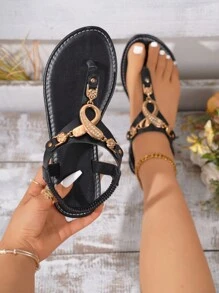 Women's Rivet Decor Elastic Slip-On Round Toe Flat Sandals, Hollow Out Open Toe Comfortable Non-Slip Outdoor Flat Slippers