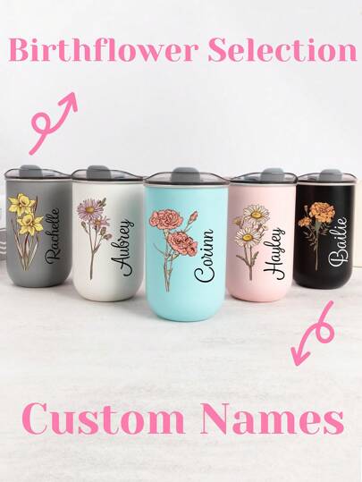 Personalized Birth Flower Cup, Custom Name 10oz Tumbler With Lid, Bridesmaid Coffee Mug, Bachelorette Wedding Party Water Glass Gift, Kitchen Essentials For Anniversary Graduation