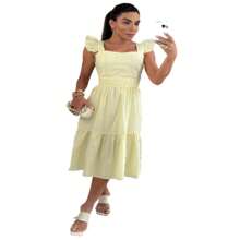 Short Strap Dress Striped Tricoline - 黃色 - 查看 1