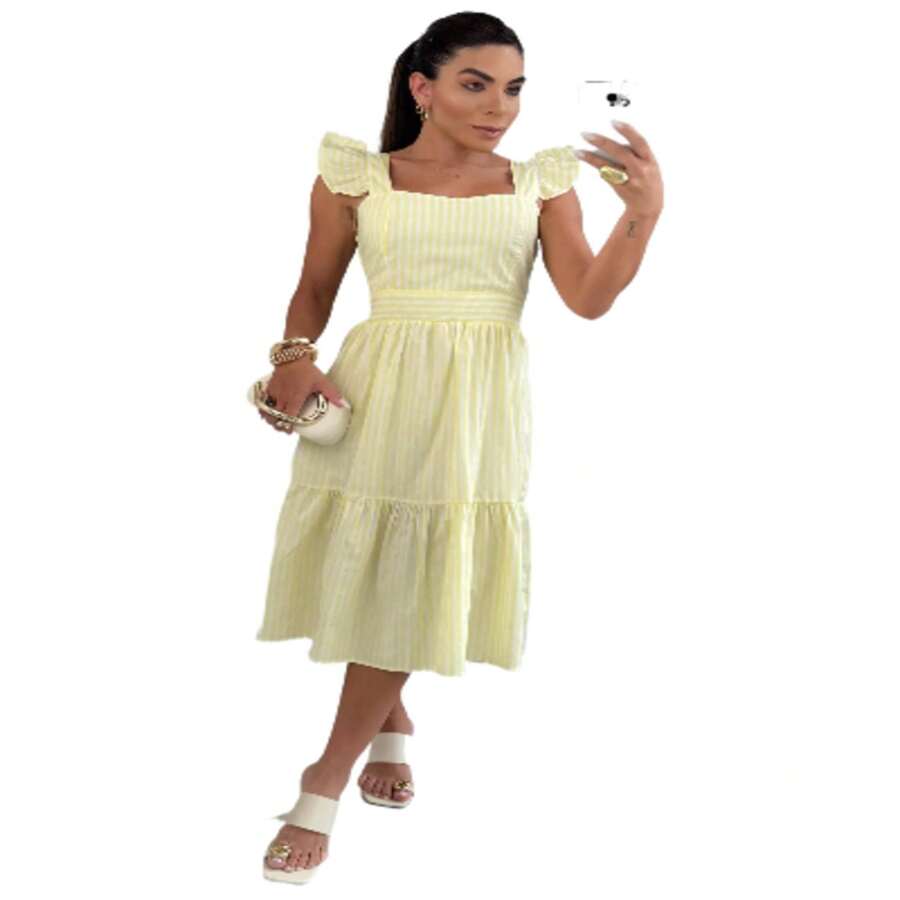 Short Strap Dress Striped Tricoline - 黃色 - 查看 1