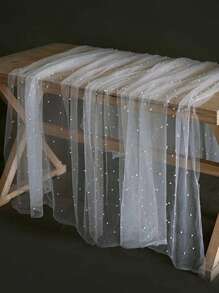 1pc Colorful Fairy Style Pearl Tulle Tablecloth, Suitable For Home Wedding Decoration - White - View 5