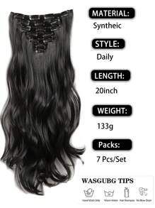 Tóc giả kẹp dài 20-30 inch gợn sóng, 7 chiếc/bộ tóc giả dày có kẹp vô hình, tóc giả sợi tổng hợp mềm, màu đen, dành cho phụ nữ - màu đen - Xem 5