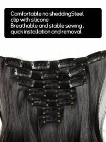 Tóc giả kẹp dài 20-30 inch gợn sóng, 7 chiếc/bộ tóc giả dày có kẹp vô hình, tóc giả sợi tổng hợp mềm, màu đen, dành cho phụ nữ - màu đen - Xem 4