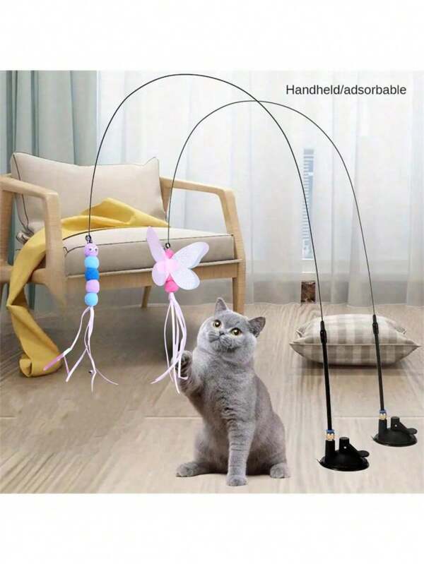 1 pieza Vara para atraer gatos, juguete interactivo, recambio del producto cazador con campana y plumas, adecuado para ejercicio y entretenimiento personal de gatos, vara de mano para jugar, con insectos intercambiables en el cabezal