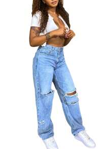 Women's Jeans, All-Match High Waist Loose Ripped Pants For Party Vacation Dating Travelling Shopping - Blue - View 3