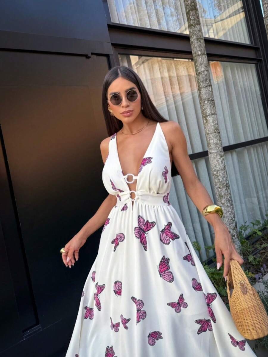 Dress With Double Hoop Detail With Butterfly And Leaf Print, Deep V-Neck, Thin Straps, Backless Crossover Dress - 紫色 - 查看 1
