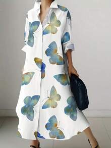 女式蝴蝶印花长袖单排扣长款休闲衬衫裙，适合秋季 - 白色 - 查看 3