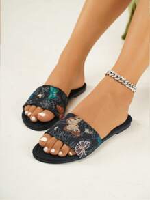 Women Cloth Sandals, New Summer Strap With Random Butterfly Embroidery Design, Casual Comfortable Flat Beach Slippers For Daily & Holiday Wear - Black - View 4