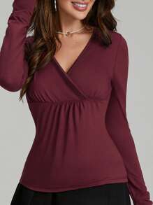 Women's Spring Slim Fit Tops Solid Color Long Sleeve Wrap V-Neck T-Shirt Streetwear - Đỏ - Xem 5