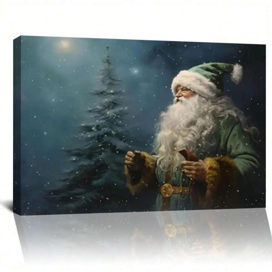 Vintage Santa Canvas Poster, Snowy Art, Modern Art Decor, Cartoon Santa In Green, Wall Art For Living Room, Bedroom, Office, Kitchen, Bathroom - Framed - View 1