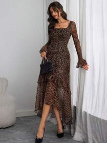 Women's Elegant Sexy Long Sleeve Y2K Romantic Ruffle Double Layer Long Sleeve Abstract Leopard Print Dress - Multicolor - View 6