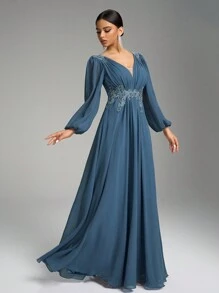 SUPGIR V 领灯笼袖褶饰串珠刺绣优雅露背雪纺连衣裙、伴娘服 - 霧霾藍 - 查看 5