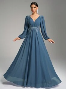 SUPGIR V 领灯笼袖褶饰串珠刺绣优雅露背雪纺连衣裙、伴娘服 - 霧霾藍 - 查看 2