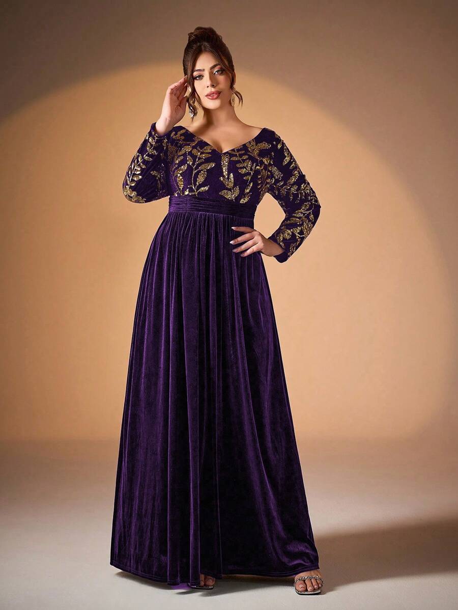 Váy nhung nhún bèo eo cao cổ chữ V đính sequin của Mgicacy - Màu tím - Xem 1