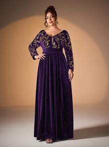 Váy nhung nhún bèo eo cao cổ chữ V đính sequin của Mgicacy - Màu tím - Xem 4