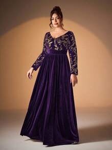 Váy nhung nhún bèo eo cao cổ chữ V đính sequin của Mgicacy - Màu tím - Xem 5