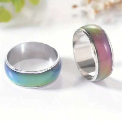 1pc Mood Ring Inlaid Thermal Discoloration Stone Stainless Steel Band Match Daily Outfits Party Accessory Perfect Gift For Family And Friends