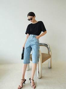 Camiseta suelta de manga corta de unicolor con espalda abierta, para mujer, verano