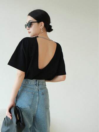 Women's Solid Color Open Back Loose Casual Short Sleeve T-Shirt, Summer