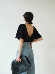 Camiseta suelta de manga corta de unicolor con espalda abierta, para mujer, verano