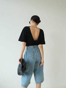 Camiseta suelta de manga corta de unicolor con espalda abierta, para mujer, verano