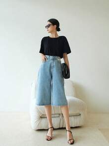 Camiseta suelta de manga corta de unicolor con espalda abierta, para mujer, verano