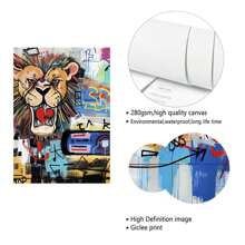1PC Graffiti Lion Decor Wall Art Funny Wildlife Pictures Wall Decor Pop Street Canvas Print Painting Artwork Cool Modern Home Decorations For Bathroom Living Room Office Framed