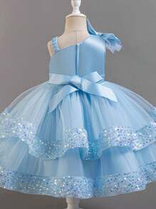 1 pieza Vestido azul de fiesta de Navidad para niñas, estilo cómodo, elegante y dulce, adecuado para pasarela, anfitriona, fiesta de cumpleaños, sin mangas, con lentejuelas, tul, lazo y falda de princesa en línea A, para primavera/verano/otoño - Azul - Ver 3