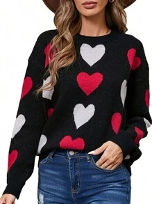 Women Knit Sweater Heart Pattern Long Sleeve Round Neck Pullovers Spring Casual Jumpers Tops - Black - View 1