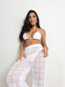 Crochet Knit Beach Cover-Up Pants Beachwear | Knitted Wide Leg Pants Summer Women's Fashion - 白色沙灘褲 - 查看 4