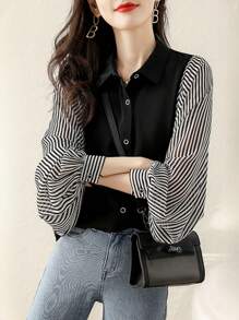 YUXIN 2025春夏韩版条纹拼接衬衫，灯笼袖雪纺拼接，宽松版型，休闲日常女式上衣 - 黑色 - 查看 2